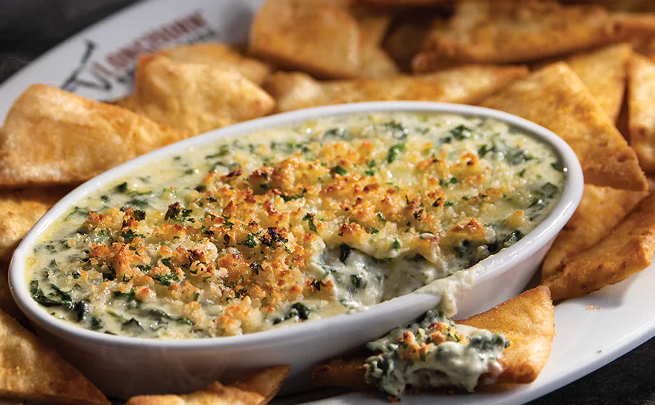 Parmesan Crusted Spinach Dip with tortilla chips appetizer